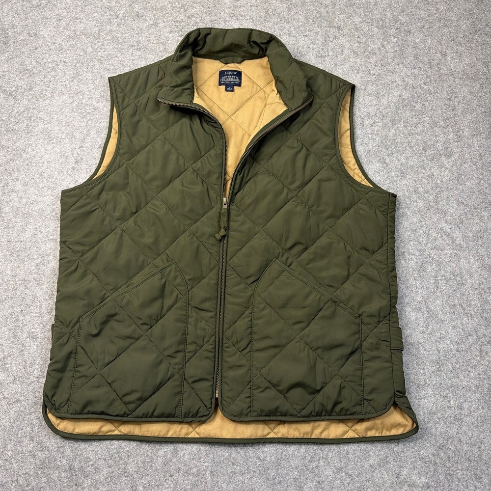 J.Crew Authentic Outerwear Men's Quilted Vest Olive Green Large Full-Zip EUC